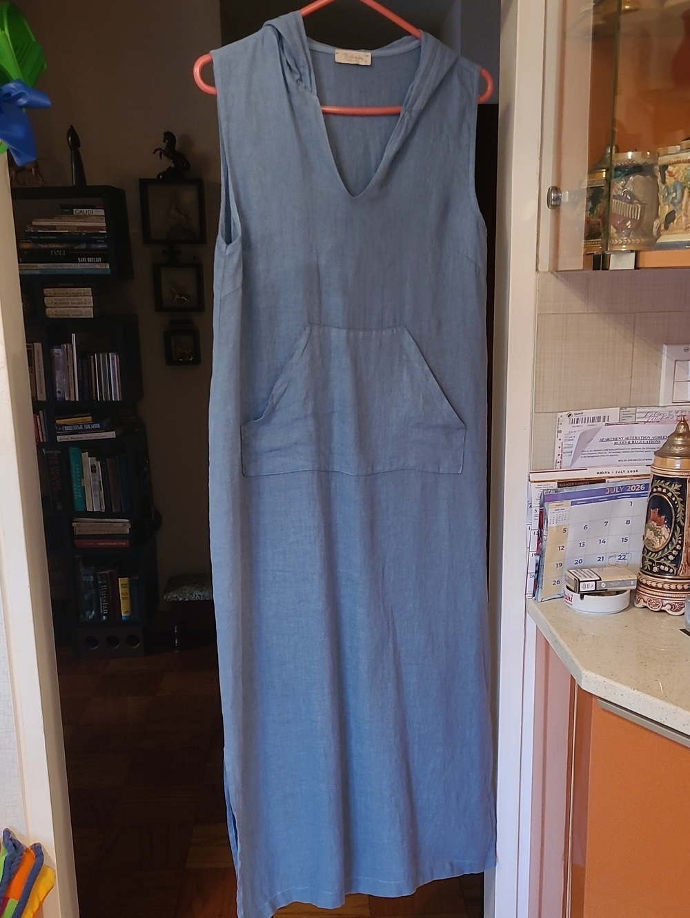 Italian,linen,Sleeveless Blue Hooded Maxi Dress with Front Pocket